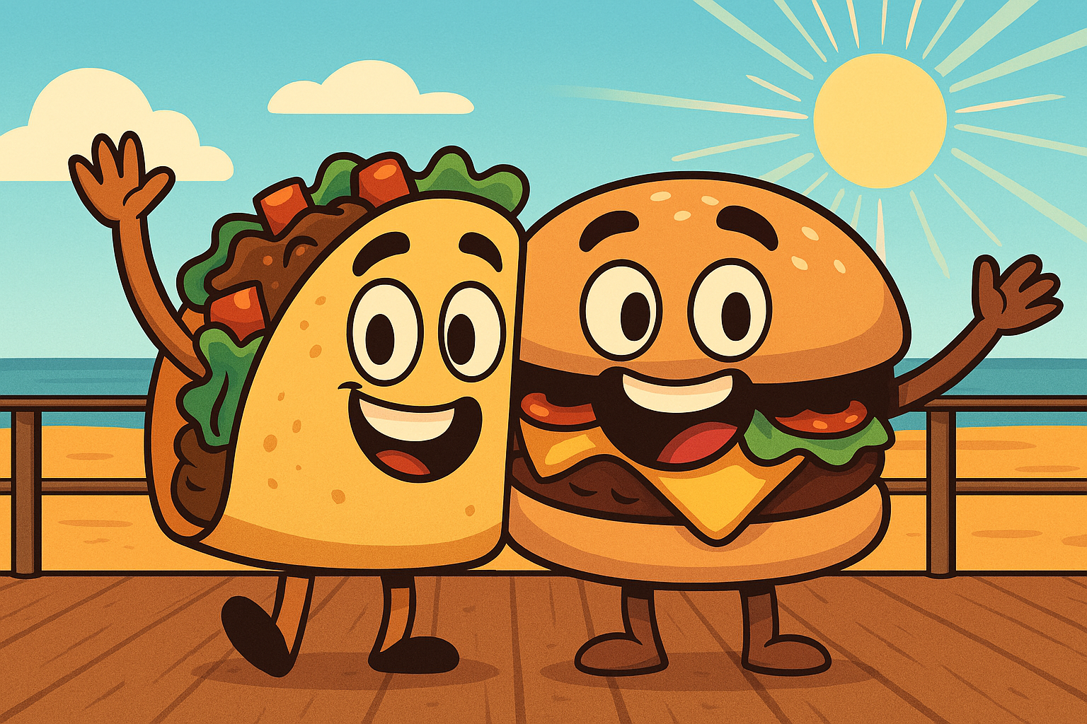 Cartoon taco and burger hanging out on the boardwalk